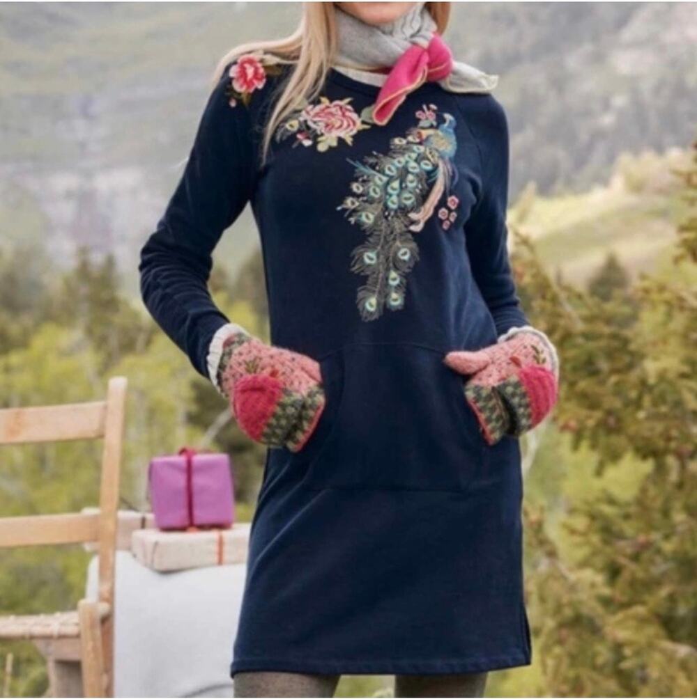Driftwood Dress Womens XL Navy Blue Layla Embroidered Peacock Floral Boho Casual